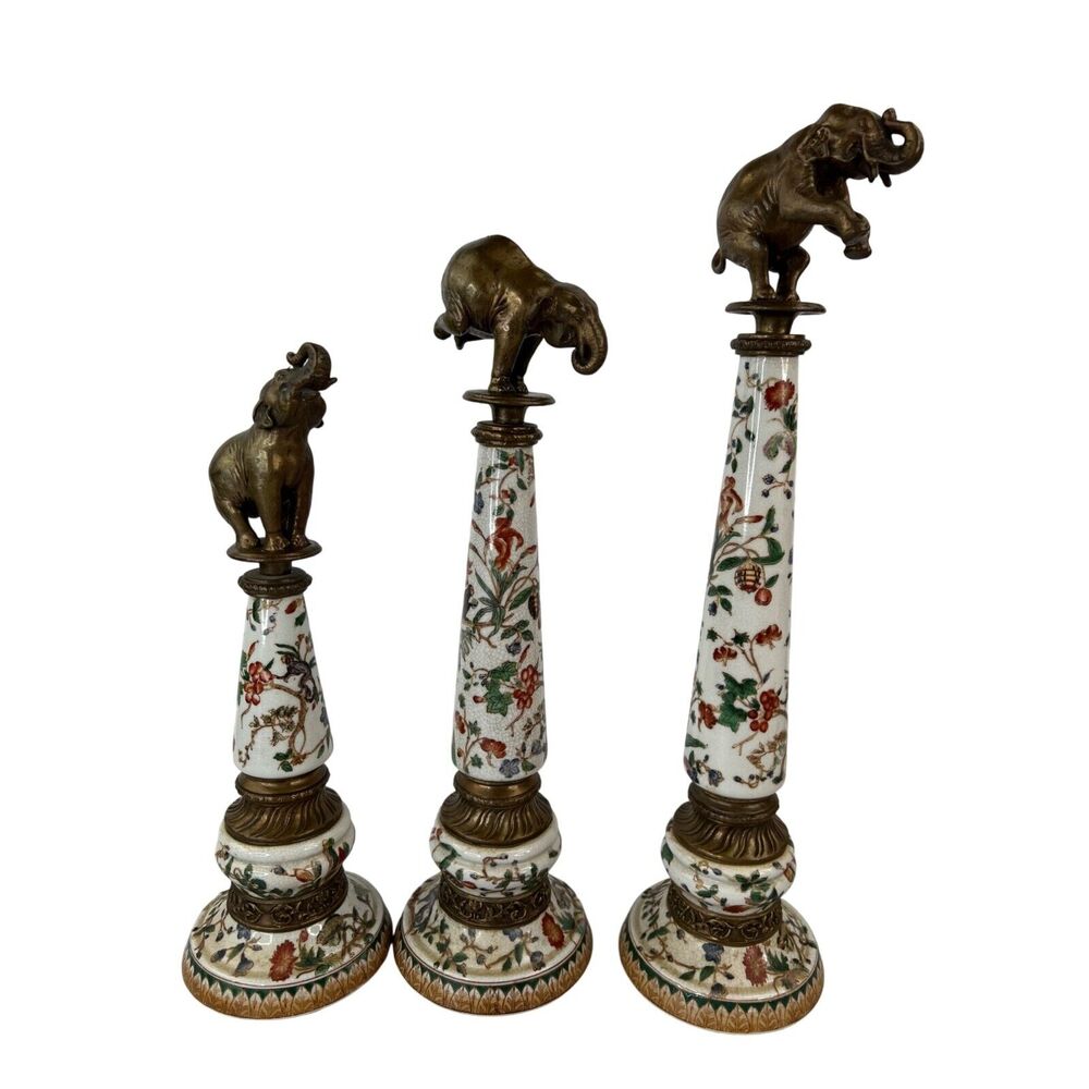 Vintage Chinoiserie Ceramic Obelisk Set 3 Brass‎ Elephant Finials Famille Rose